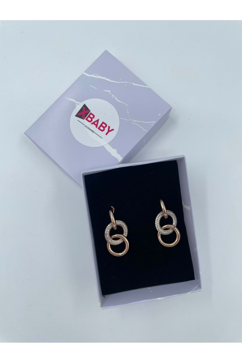 Xbaby Üçlü Halka Taşlı Rose Gold Küpe