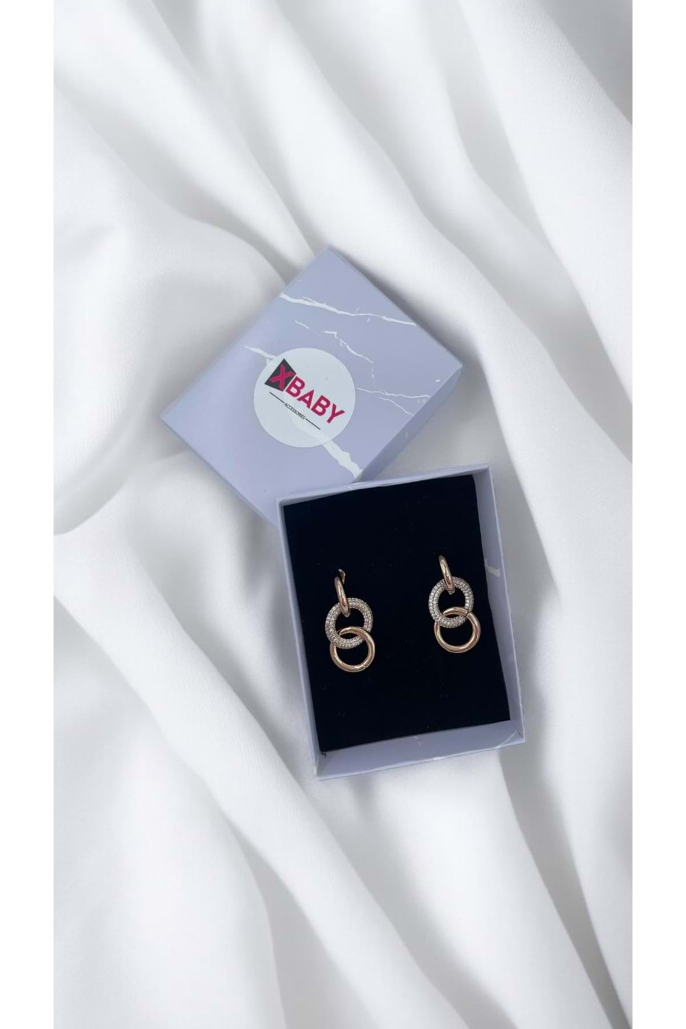 Xbaby Üçlü Halka Taşlı Rose Gold Küpe