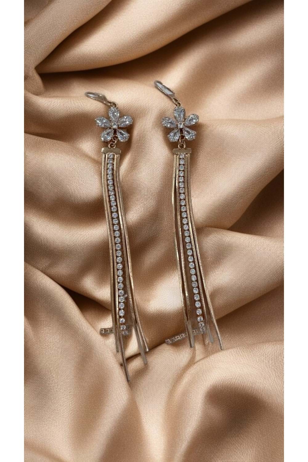 Xbaby Papatya Çiçekli Sıra Taşlı Rose Gold Sallanan Küpe