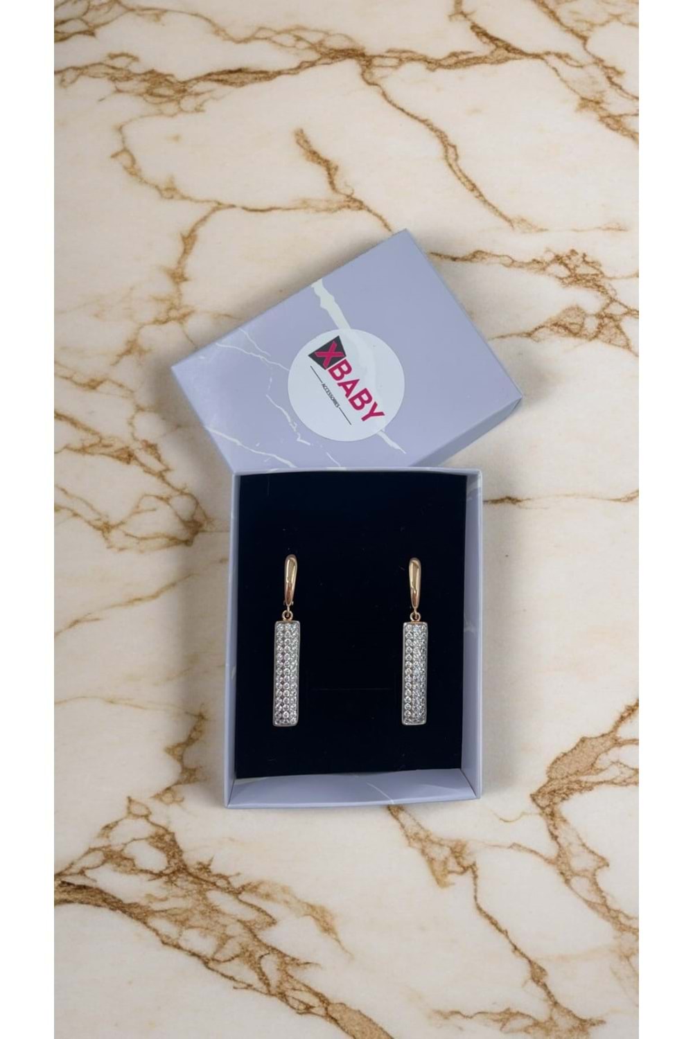 Xbaby Uzun Dikdörtgen Taşlı Rose Gold Sallanan Küpe