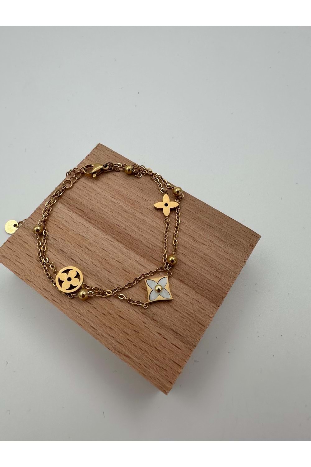 Xbaby Kare ve Yuvarlak Yonca Şekilli İkili Çelik Gold Bileklik