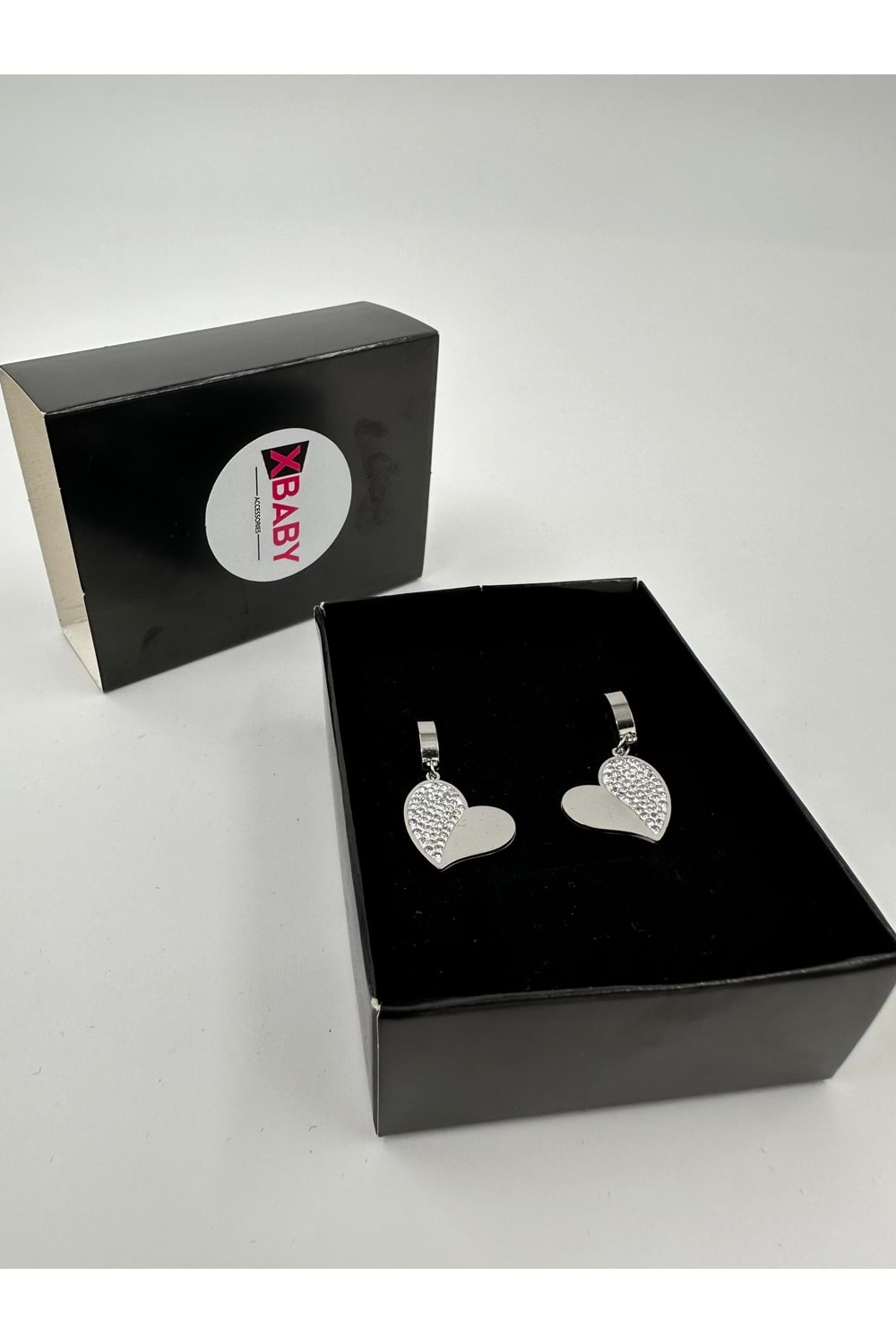 Xbaby Yarısı Taşlı Kalp Gümüş Renk Küpe