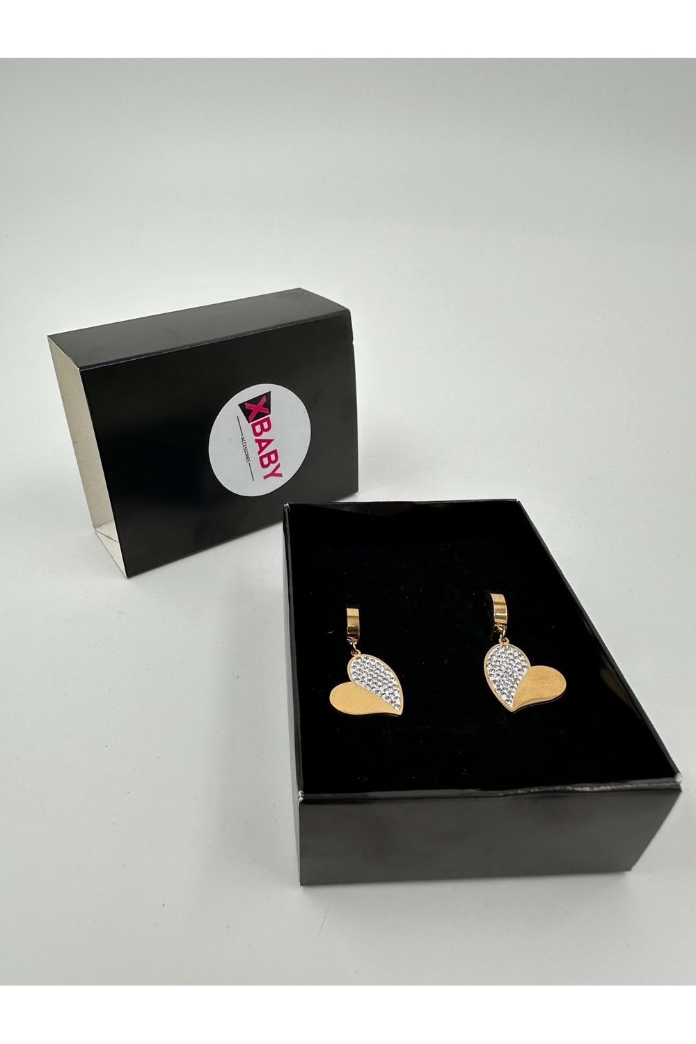 Xbaby Yarısı Taşlı Kalp Gold Küpe