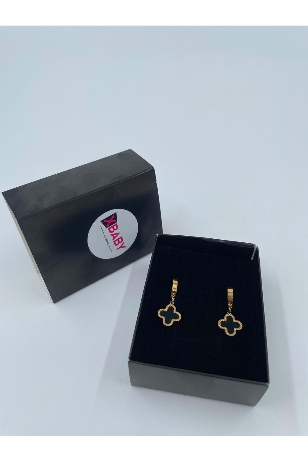 Xbaby Siyah Dolgulu Yonca Gold Küpe