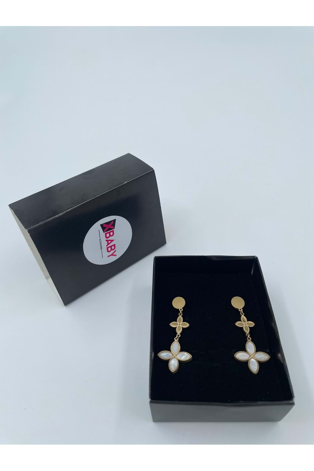Xbaby Beyaz Dolgulu İkili Yonca Gold Küpe
