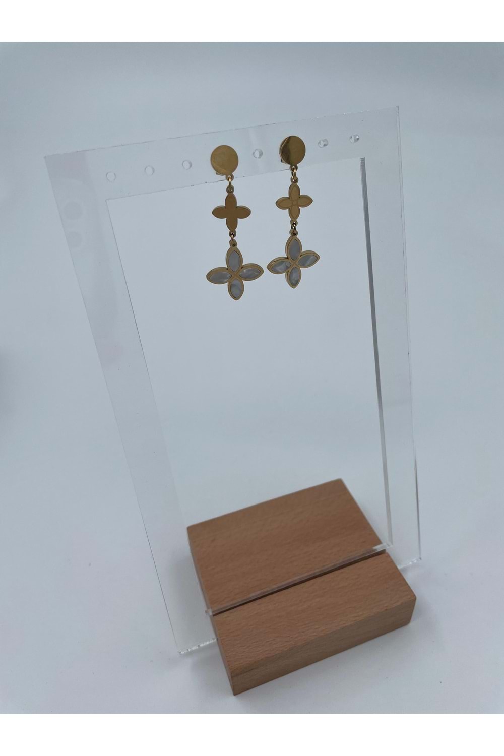 Xbaby Beyaz Dolgulu İkili Yonca Gold Küpe