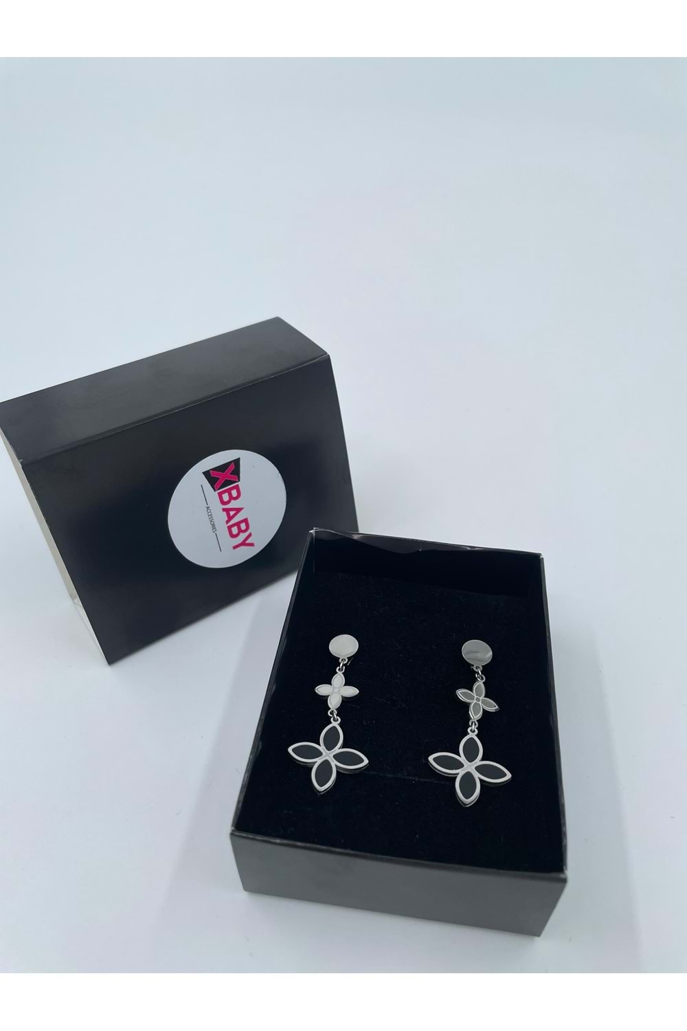 Xbaby Siyah Dolgulu İkili Yonca Gümüş Renk Küpe