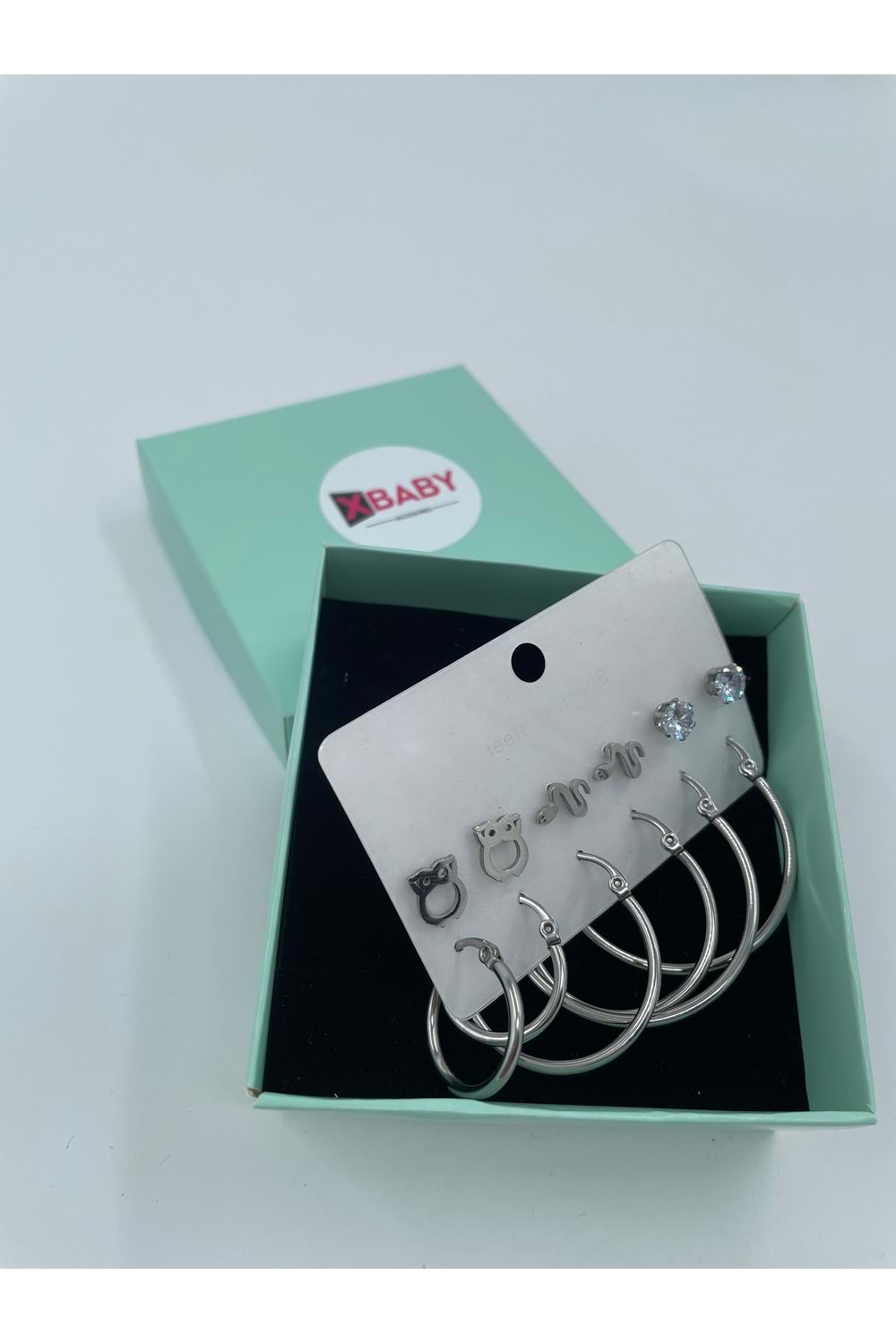 Xbaby Baykuş,Yılan,Tektaş ve 3 Lü Halka Gümüş Renk Çelik Küpe Seti