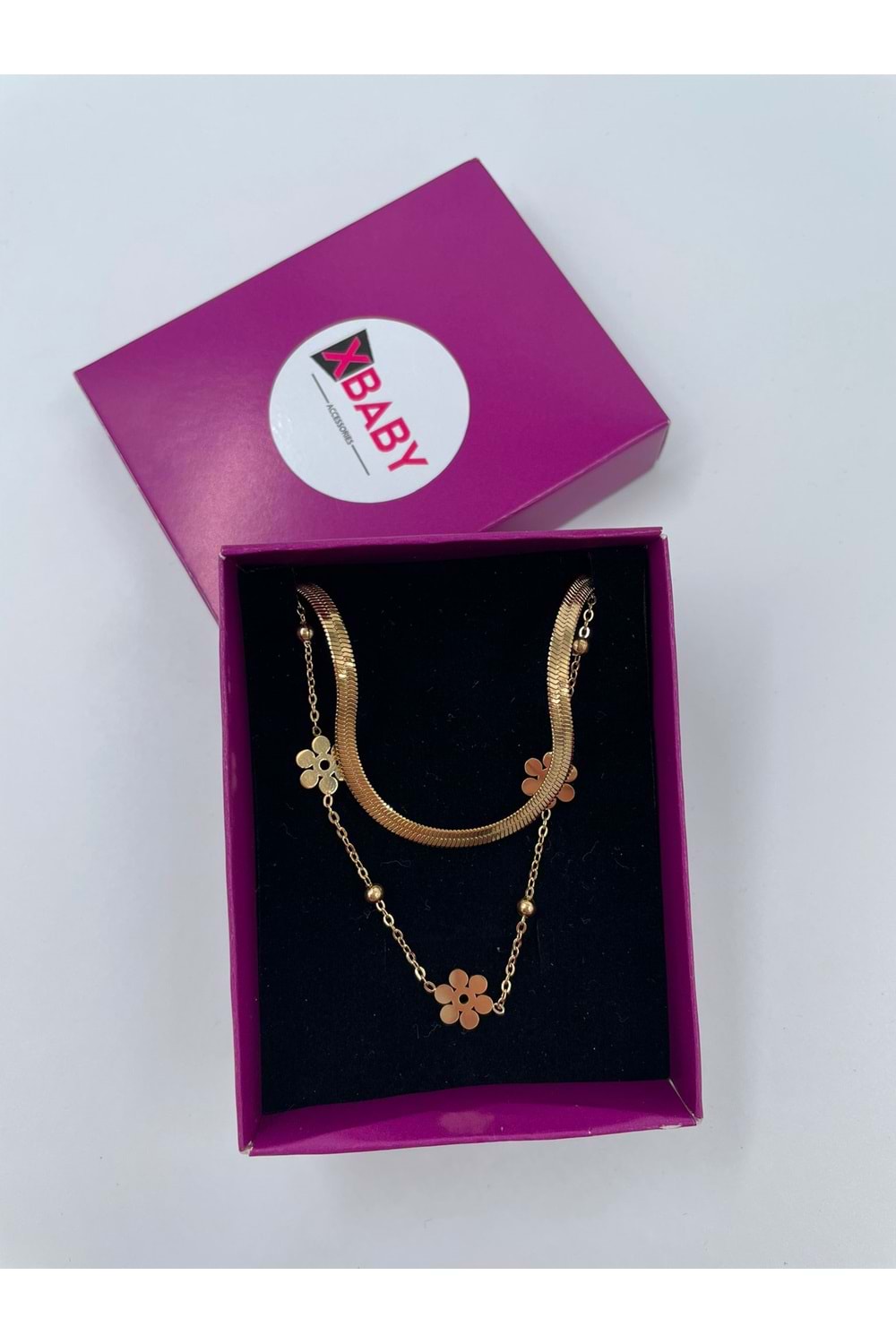 Xbaby İkili Yonca Çiçekli Çelik Gold Kolye