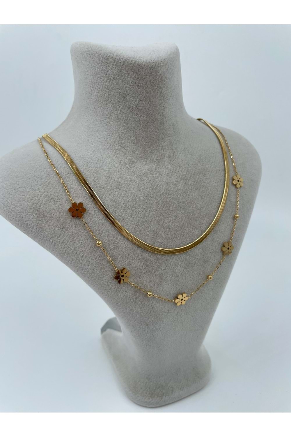 Xbaby İkili Yonca Çiçekli Çelik Gold Kolye