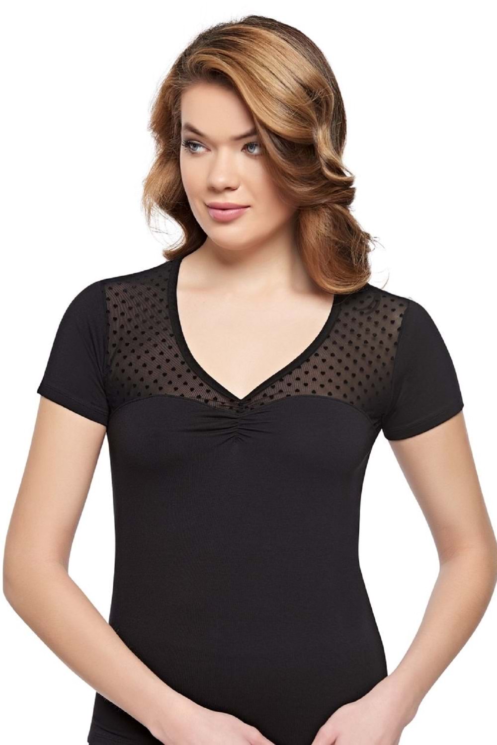 Belinay 8024 Kadın Tül Detay V Yaka Kısa Kol Body