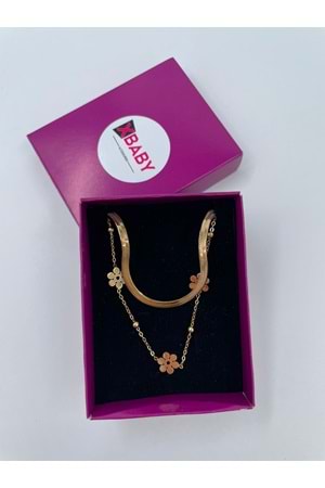 Xbaby İkili Yonca Çiçekli Çelik Gold Kolye