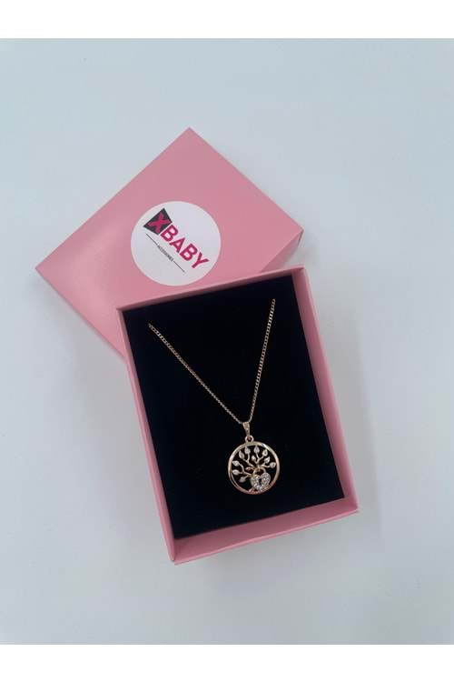 Xbaby İnce Zincirli Kalpli Rose Gold Hayat Ağacı Kolye