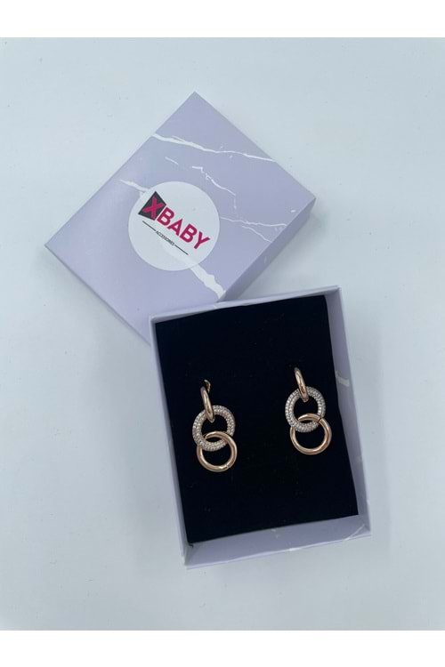 Xbaby Üçlü Halka Taşlı Rose Gold Küpe