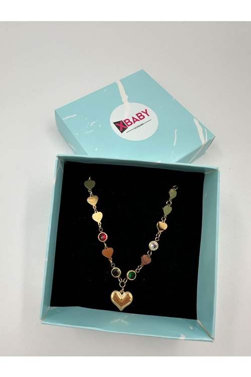 Xbaby Ucu ve Zinciri Renkli Taşlı Kalpli Gold Kolye