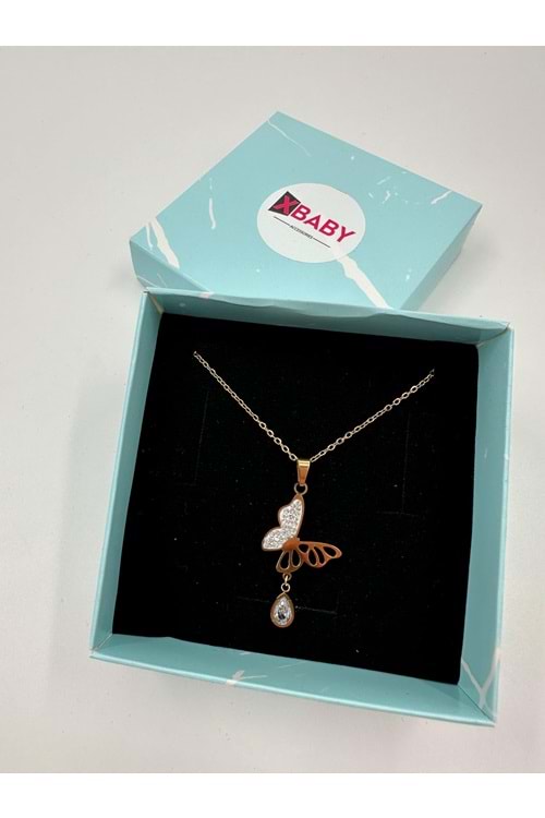 Xbaby Taşlı Kelebekli Gold Kolye