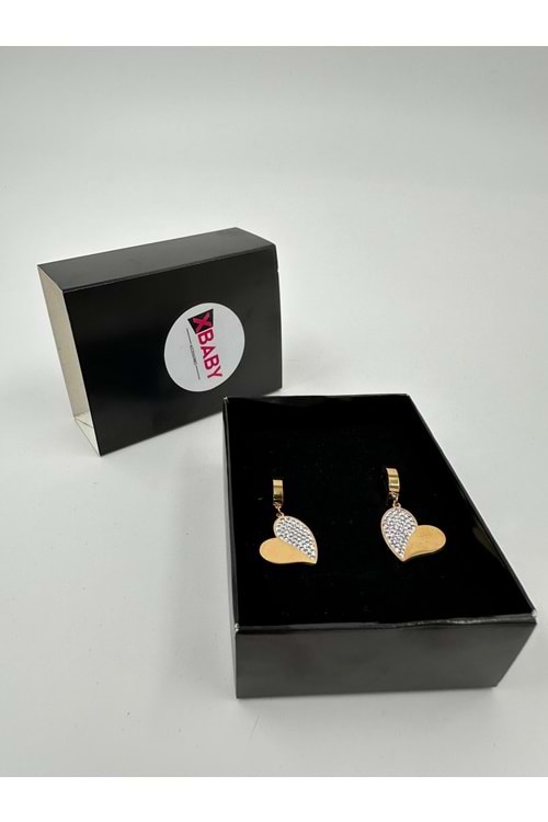 Xbaby Yarısı Taşlı Kalp Gold Küpe