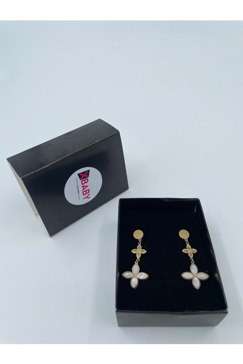 Xbaby Beyaz Dolgulu İkili Yonca Gold Küpe