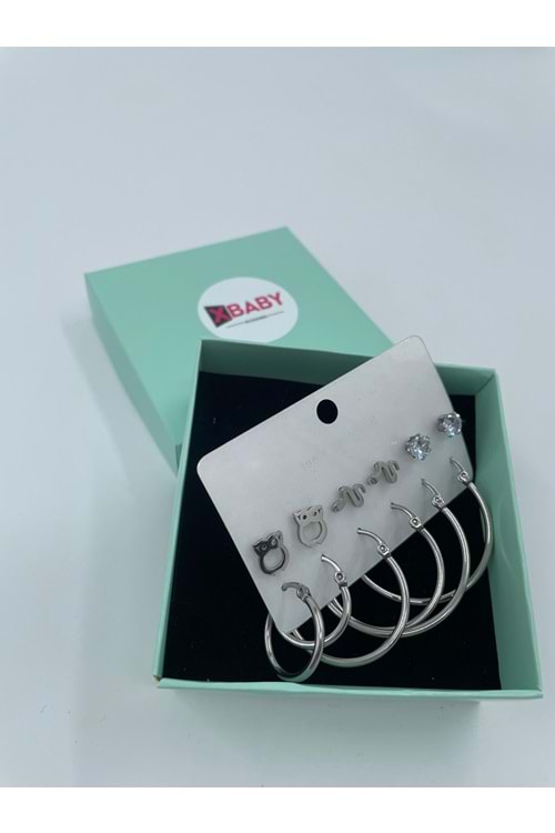 Xbaby Baykuş,Yılan,Tektaş ve 3 Lü Halka Gümüş Renk Çelik Küpe Seti