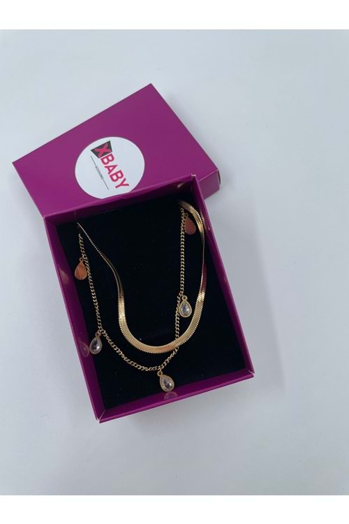 Xbaby İkili Taşlı Su Damlası Çelik Gold Kolye