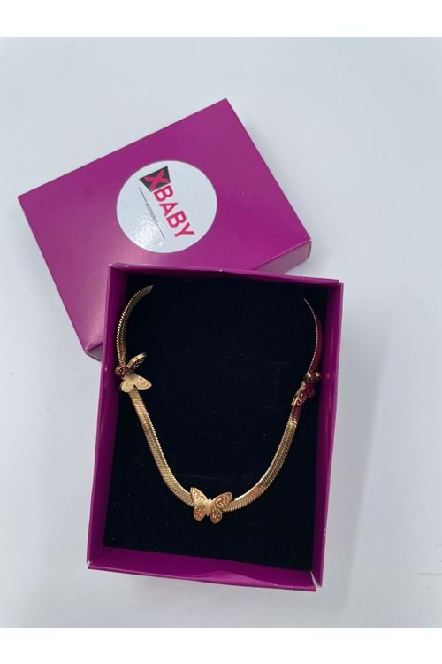 Xbaby Üç Kelebek Figürlü Çelik Hasır Gold Kolye